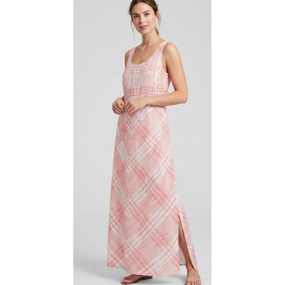 J.Jill Love Linen Sleeveless Maxi Dress Red White Plaid w/Pockets Women's Size S